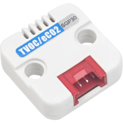 Weißer TVOC/eCO2-Sensor mit zwei Montageöffnungen und rotem Anschlusskabel. Beschriftet mit 'SGP30' auf der Oberseite.